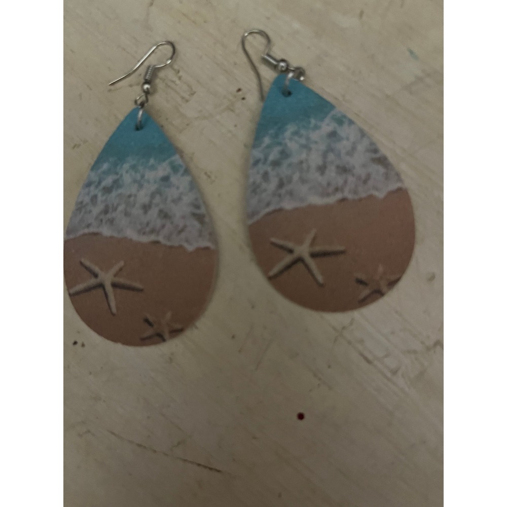 Beach‎ Scene Teardrop Earrings Ocean Wave Starfish Sand Summer Vacation